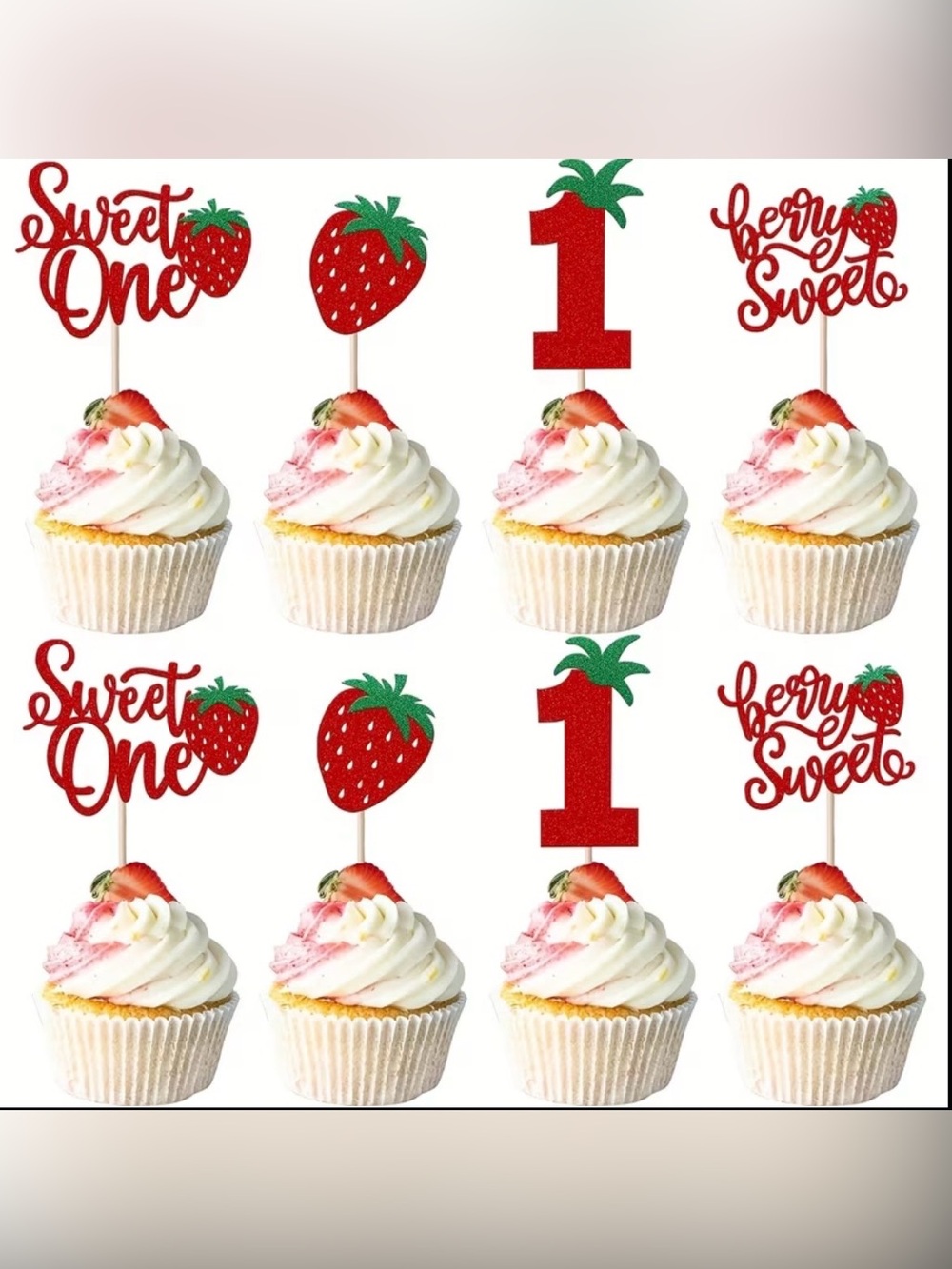 New 12 Pc Strawberry Themed Cupcake Toppers 1st Birthday Decoration Red Glitter